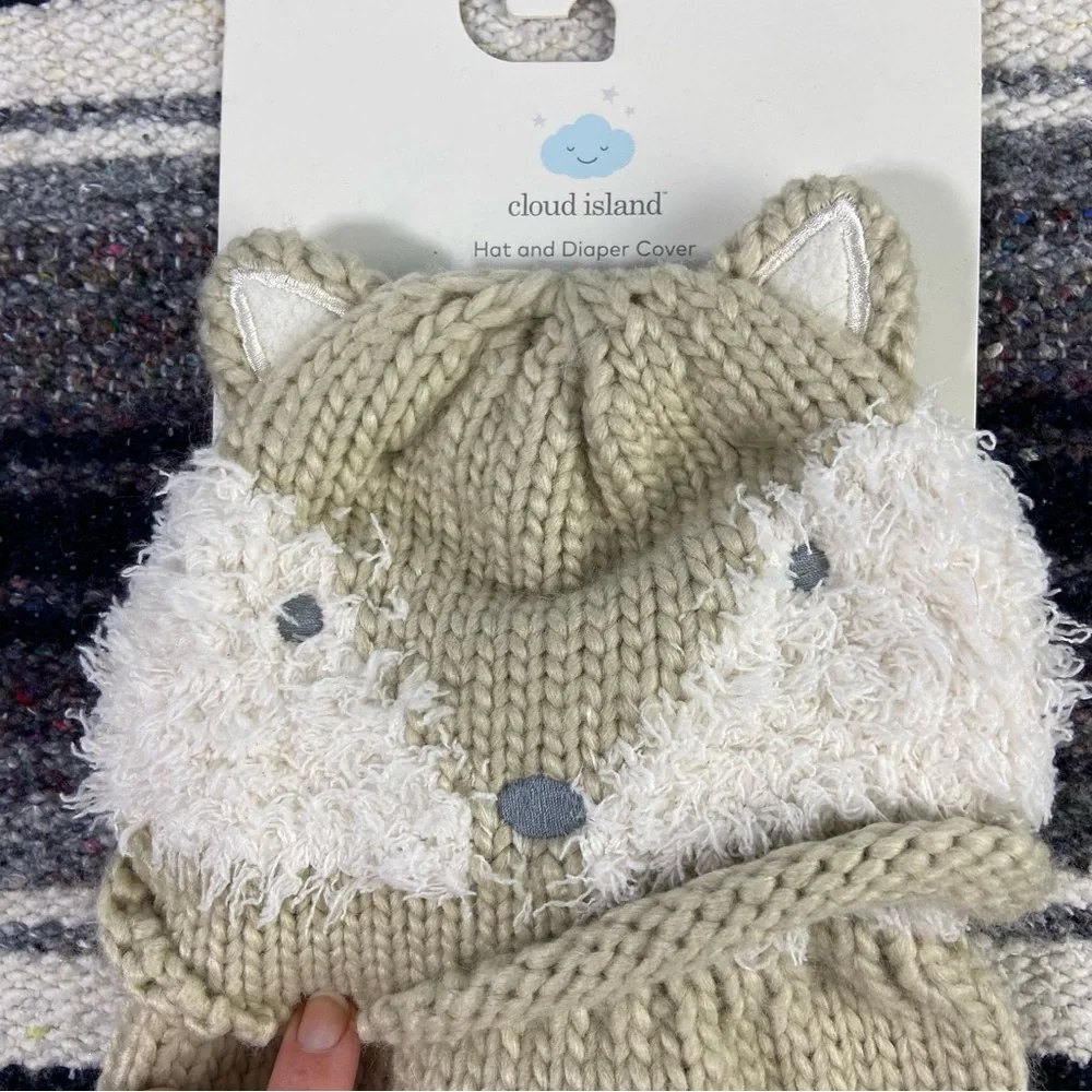 New NWT Cloud Island Baby Knit Sweater Animal Fox Hat Beanie Diaper Cover OS